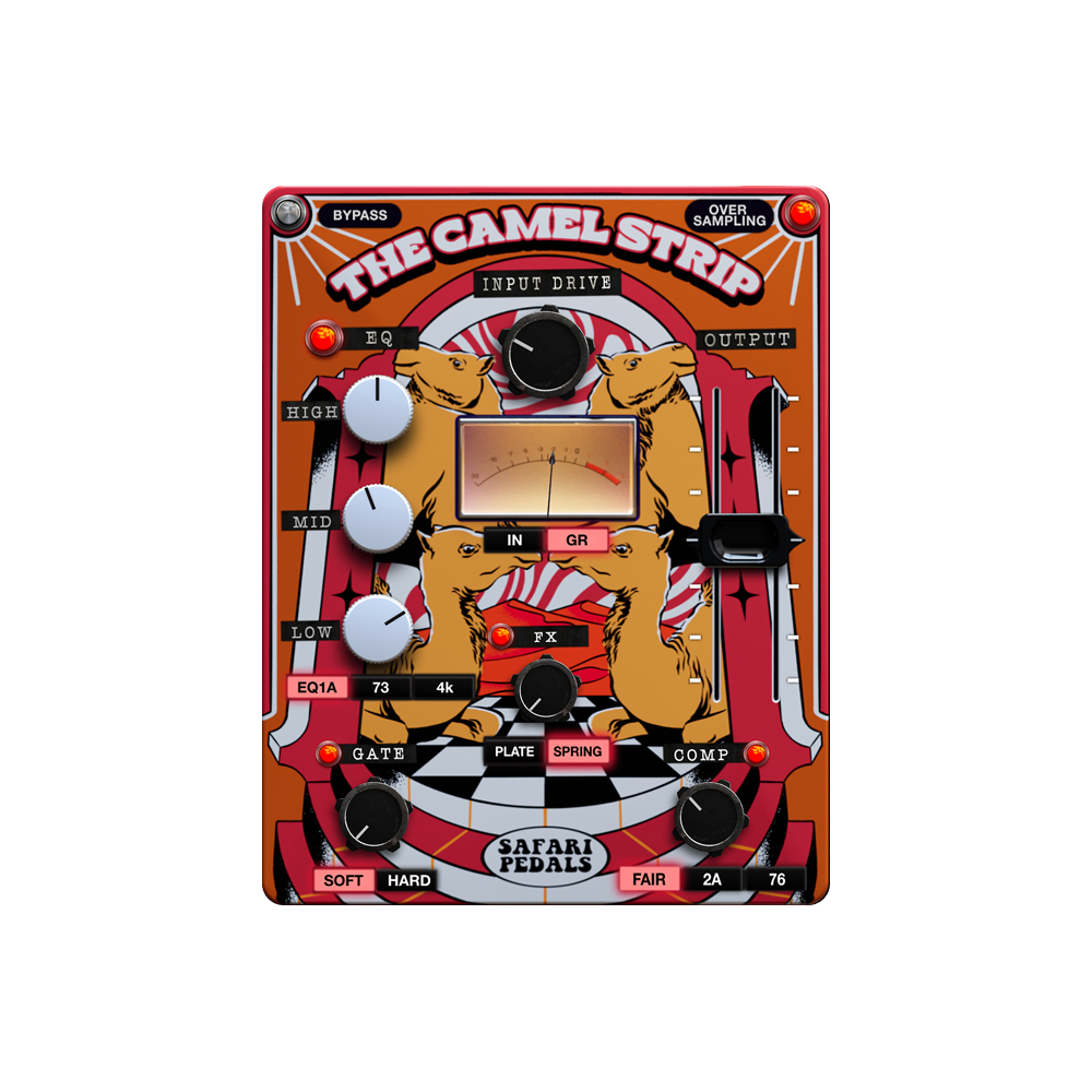 The Camel StripのGUI画面。INPUT DRIVE、EQ、GATE、COMP、FX（PLATE/SPRING）がペダル風パネルに並ぶ