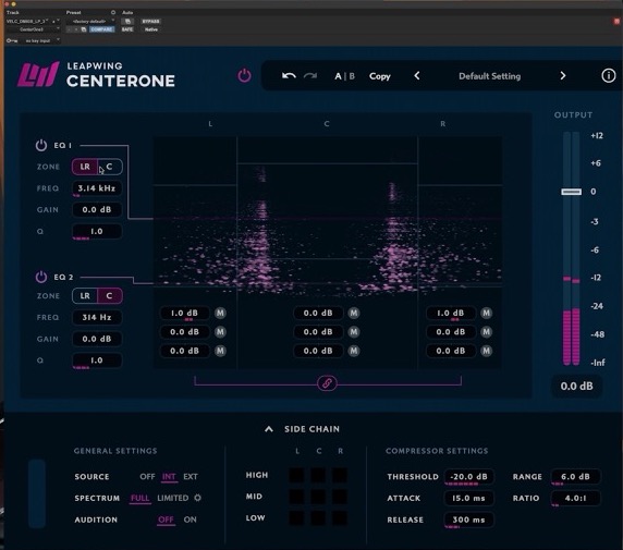 Leapwing CenterOne 3の画面。上にL・C・Rの帯に分かれたビジュアライザー、左にZONEをLRかCから選ぶ2つのEQ、下にサイドチェインの設定（Leapwing公式の紹介動画より）