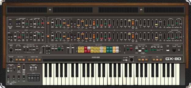 Cherry Audio GX-80 の画面。木目の枠に上下2段のフェーダーがずらりと並び、中央に色付きの音色ボタン（Plugin Boutique の製品画像）