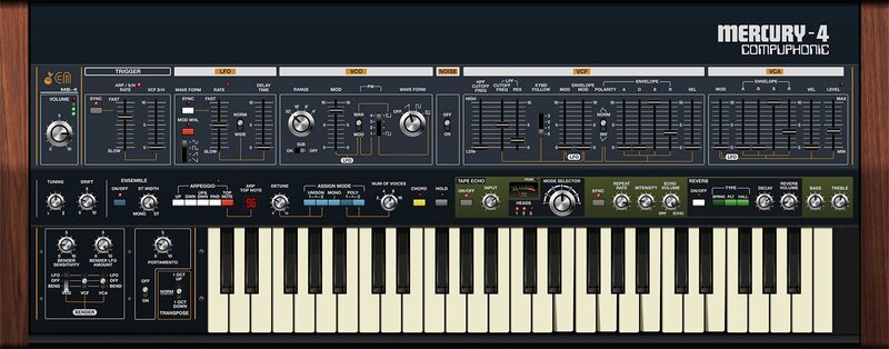 Cherry Audio Mercury-4 の画面。紺のパネルに VCO・VCF・VCA のフェーダーと、テープエコー・リバーブの欄（Plugin Boutique の製品画像）