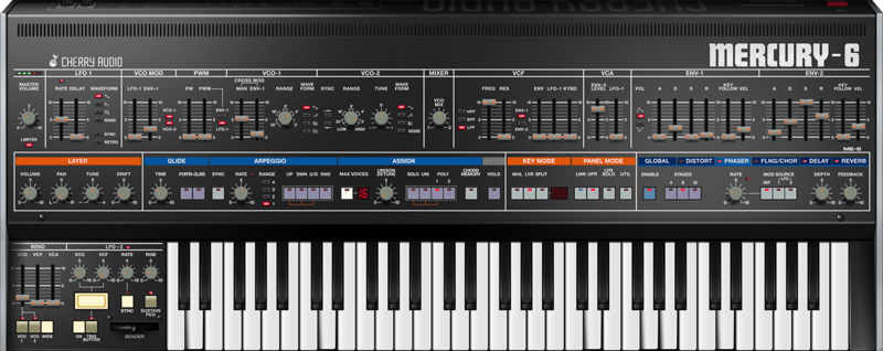 Cherry Audio Mercury-6 の画面。VCO・VCF・ENV のフェーダーの下に LAYER・ARPEGGIO・ASSIGN と、エフェクトの切り替え（Plugin Boutique の製品画像）