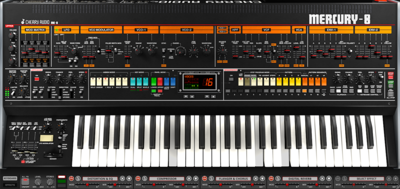 Cherry Audio Mercury-8 の画面。オレンジの見出しが並ぶパネルに、アルペジエーターとシーケンサー、下段にエフェクト列（Plugin Boutique の製品画像）