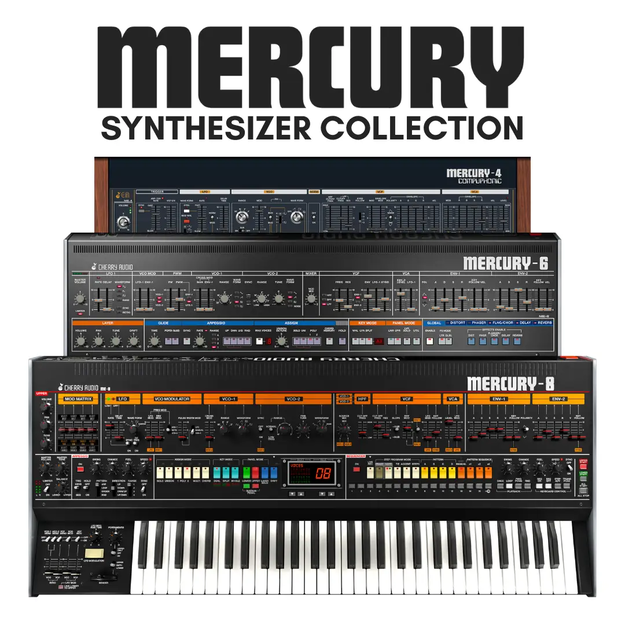 Cherry Audio Mercury Synthesizer Collection の製品画像。Mercury-4・Mercury-6・Mercury-8 の3台が重なる（Plugin Boutique の製品画像）