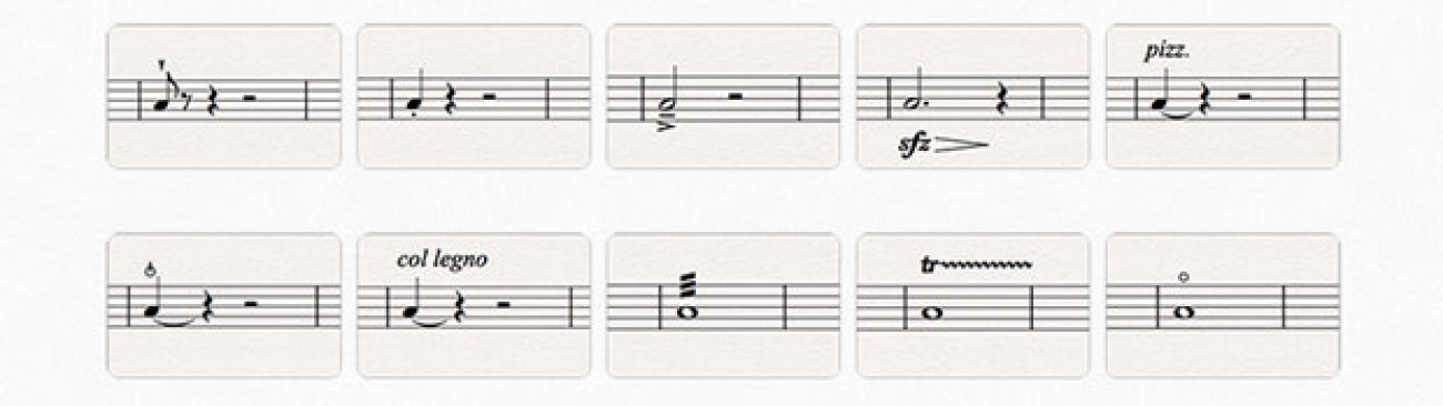 CineStrings Coreに入っている奏法を楽譜の記号で並べた図。スピッカート・スタッカート・マルカート・sfz・ピチカート・コルレーニョ・トレモロ・トリル・ハーモニクスなど（販売店ページより）