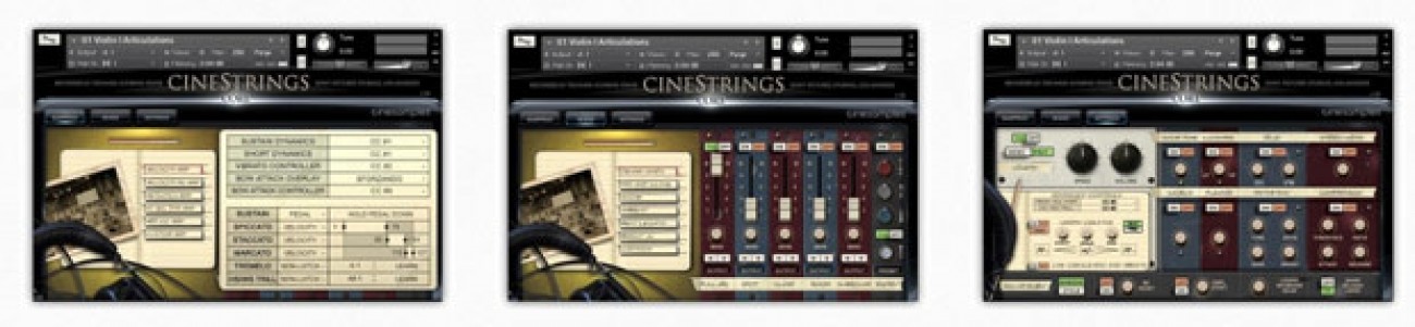 CineStrings Coreの3つの画面。奏法の切り替え（MAPPING）・マイクの音量（MIXER）・細かい設定（SETTINGS）（販売店ページより）