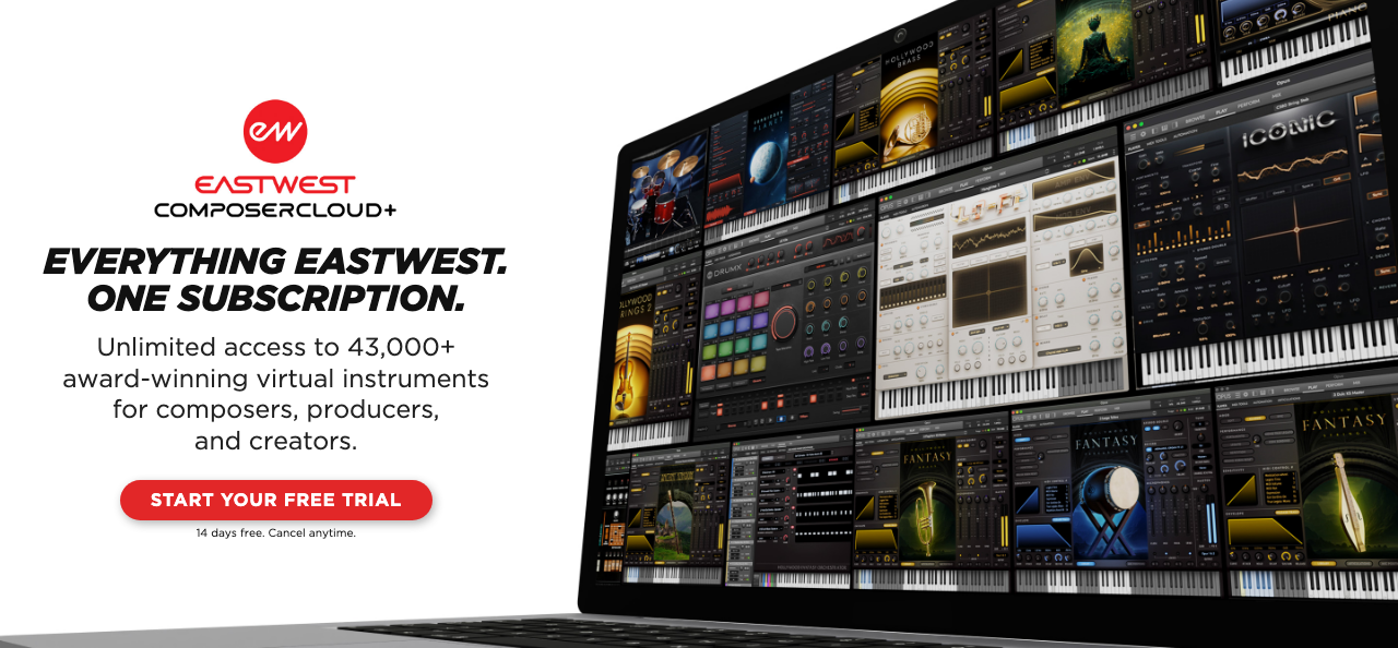 EastWest ComposerCloud+ の公式ページ。EastWest の音源をまとめて使えるサブスクで、14日間の無料体験がある（EastWest 公式サイトより）