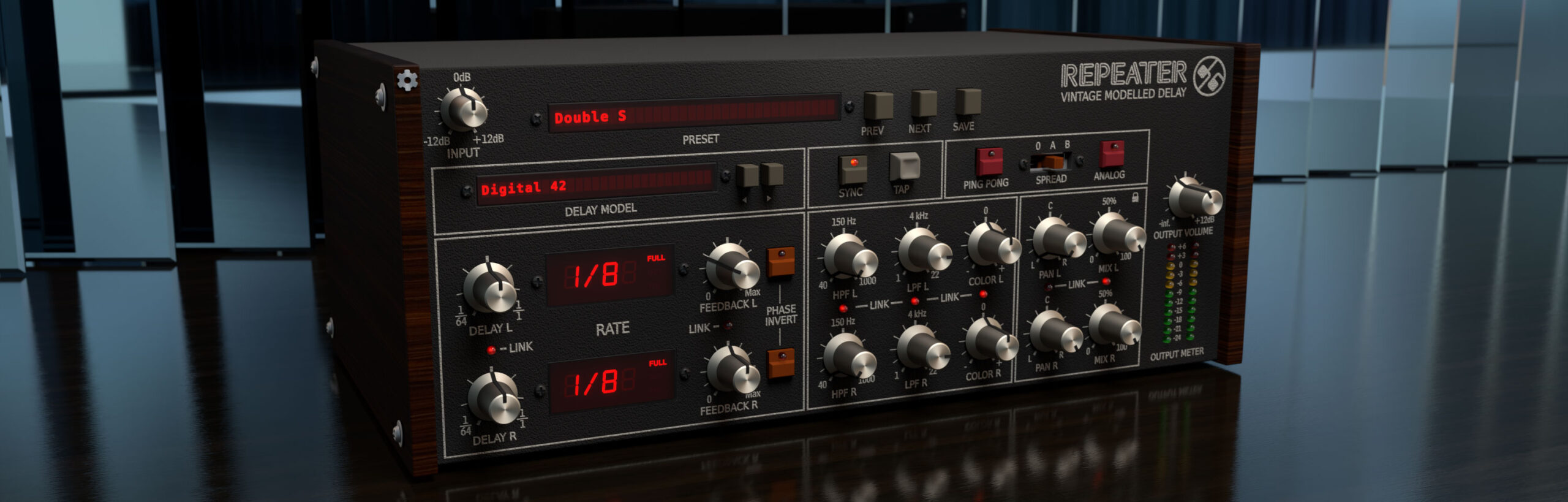 D16 Group の Repeater。昔の機材のような見た目の、ディレイを2系統持つプラグイン（D16 Group 公式サイトより）