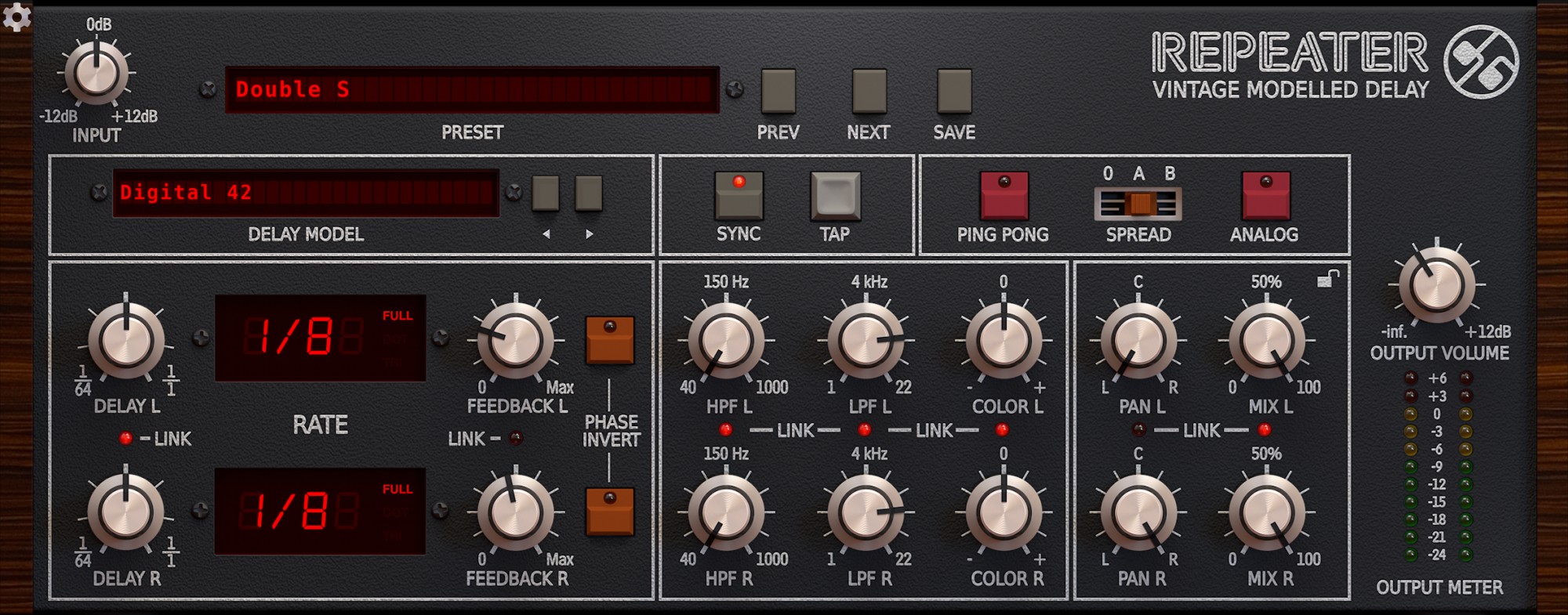 Repeater の画面。上にプリセットと DELAY MODEL の表示、左に DELAY L・R と FEEDBACK、中央に HPF・LPF・COLOR、右に PAN・MIX と OUTPUT VOLUME（D16 Group 公式サイトより）