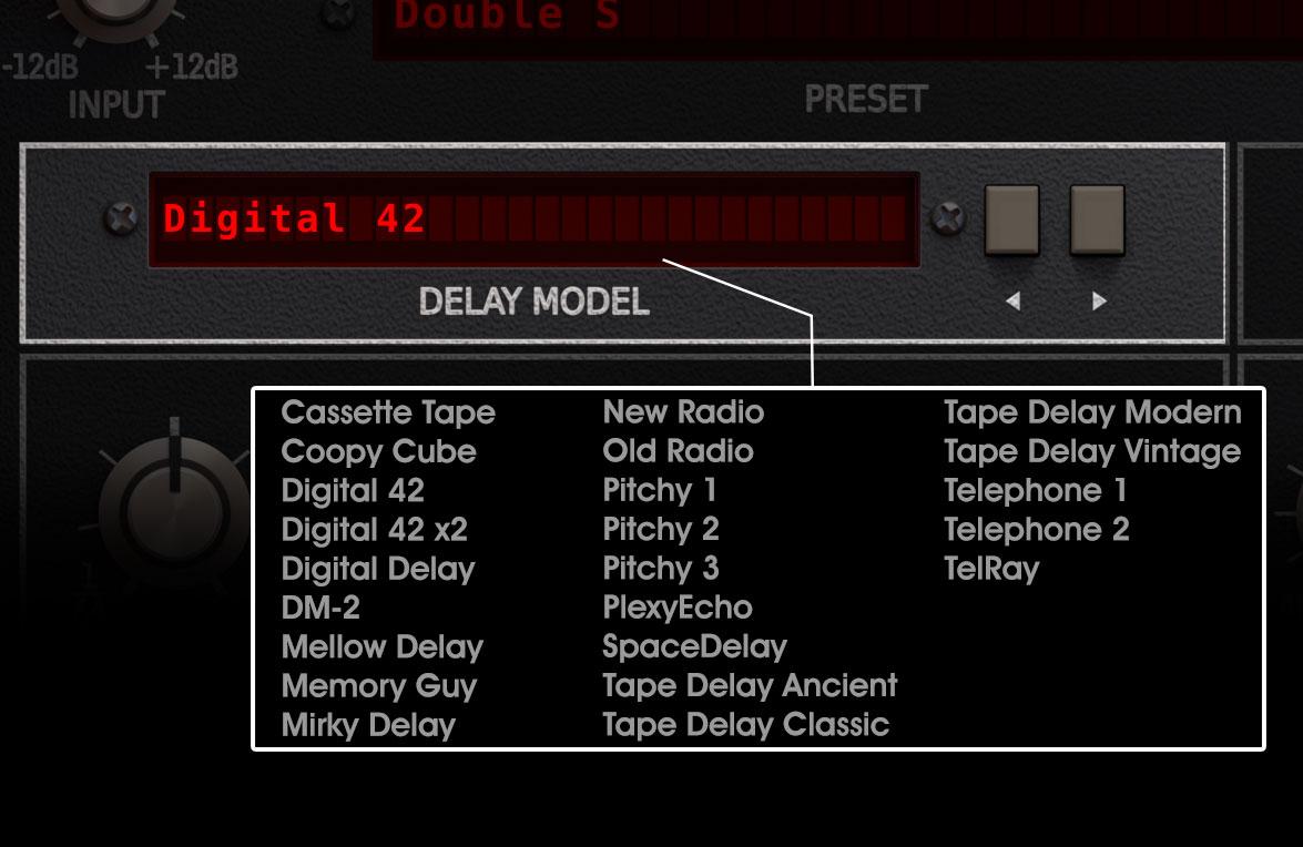 Repeater の DELAY MODEL で選べる23種類。Cassette Tape・Digital 42・DM-2・Tape Delay Classic・Telephone 1 など（D16 Group 公式サイトより）