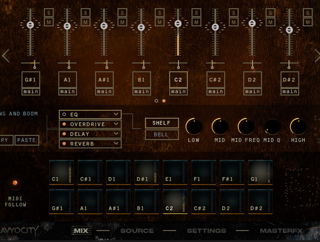 Damage 2のKit Designerの画面。16個のパッドに音を割り当て、パッドごとにEQ・OVERDRIVE・DELAY・REVERBをかけられる（Heavyocity公式の画像）