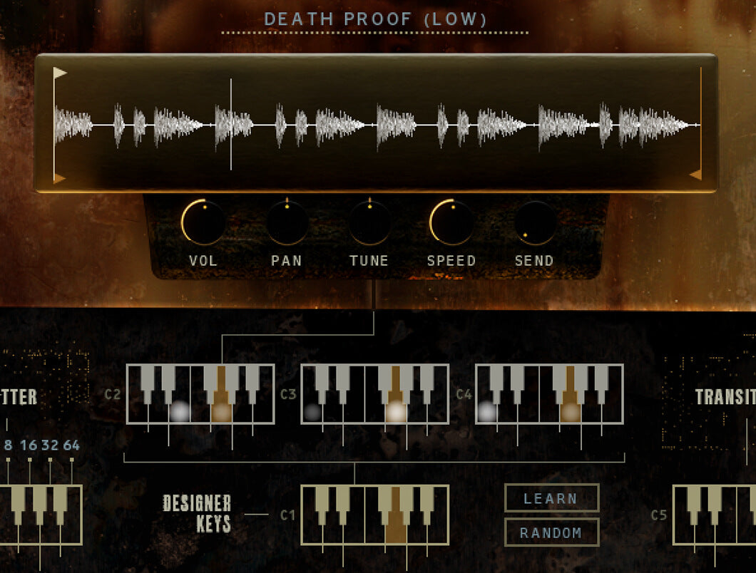 Damage 2のLoop Designerの画面。DEATH PROOF (LOW)のループの波形と、VOL・PAN・TUNE・SPEED・SENDのつまみ、鍵盤ごとのループの割り当て（Heavyocity公式の画像）