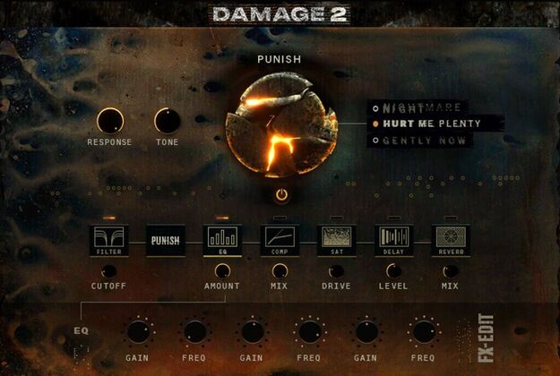 Heavyocity Damage 2 の画面。中央の大きな PUNISH ノブと、FILTER・EQ・COMP・SAT・DELAY・REVERB のエフェクト列（Plugin Boutique の製品画像）