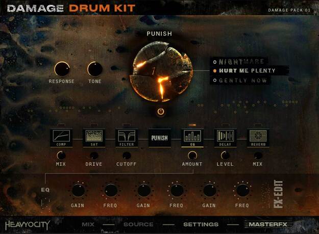 Heavyocity Damage Drum Kit の画面。Damage 2 と同じエンジンで、PUNISH ノブとエフェクト列が並ぶ（Plugin Boutique の製品画像）