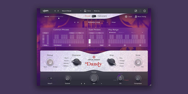 Virtual Bassist DANDYの画面。フラットワウンド弦のヴィンテージなエレキベースの音源(Plugin Boutiqueの製品画像)