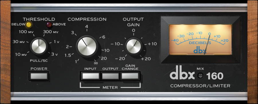 UADx dbx 160 Compressor / Limiter の画面。左から THRESHOLD・COMPRESSION・OUTPUT GAIN の3つのつまみ、下に POWER と METER の切り替え、右に VU メーターと MIX のつまみ(Plugin Boutique の製品画像)