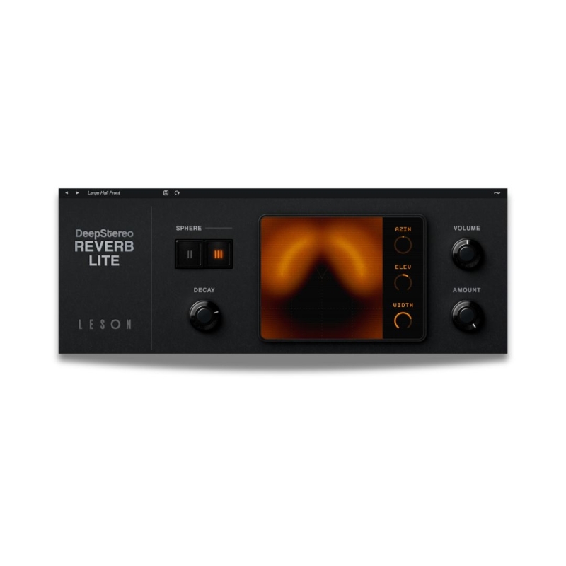 DeepStereo Reverb Liteの画面。SPHEREの切り替え、DECAY、中央にAZIM・ELEV・WIDTH、右にVOLUMEとAMOUNT