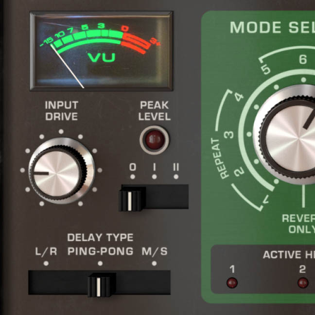 Delay TAPE-201のVUメーターとMODE SELECTORのつまみ（Arturia公式の製品画像）