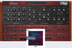 u-he Diva の画面。オシレーター・ミキサー・フィルター・エンベロープのつまみが並ぶ赤と黒のパネル（Plugin Boutique の製品画像）