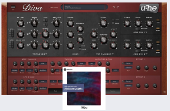 u-he Diva の画面。オシレーター・ミキサー・フィルター・エンベロープのつまみが並ぶ赤と黒のパネル（Plugin Boutique の製品画像）