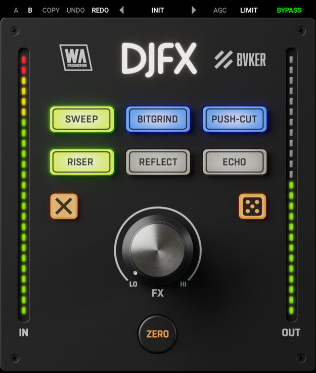 W. A. Production DJFX の画面。SWEEP・BITGRIND・PUSH-CUT・RISER・REFLECT・ECHO の6つのボタンと、中央の大きな FX つまみ（Plugin Boutique の製品画像）