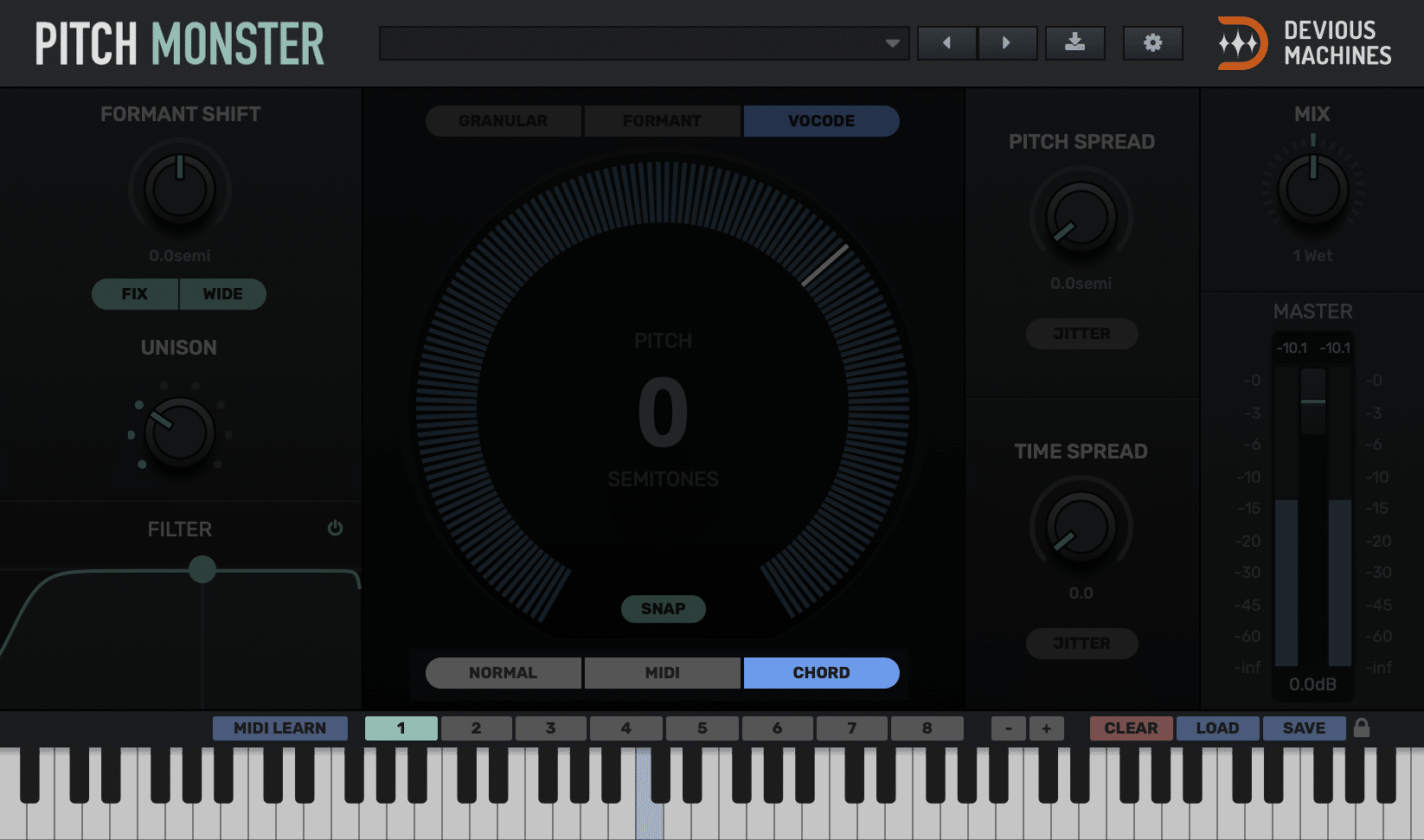 Pitch MonsterのVOCODEモードとCHORDモード。下の鍵盤で鳴らす音を選び、1〜8の枠にコードを覚えさせる（Devious Machines公式の画像）