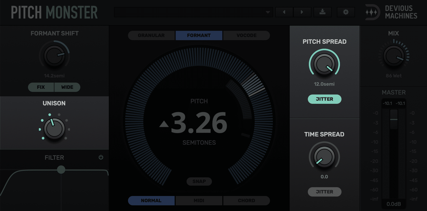 Pitch MonsterのFORMANTモード。左のUNISONと右のPITCH SPREADで声を重ねて広げる（Devious Machines公式の画像）