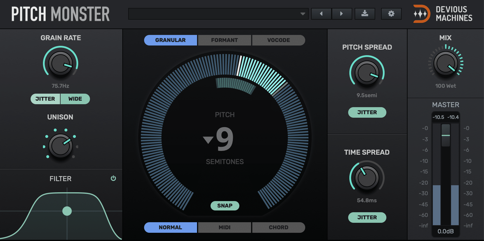 Pitch Monsterの画面。上にGRANULAR・FORMANT・VOCODEの切り替え、中央の大きな円で音程（半音単位）を決める（Devious Machines公式の画像）