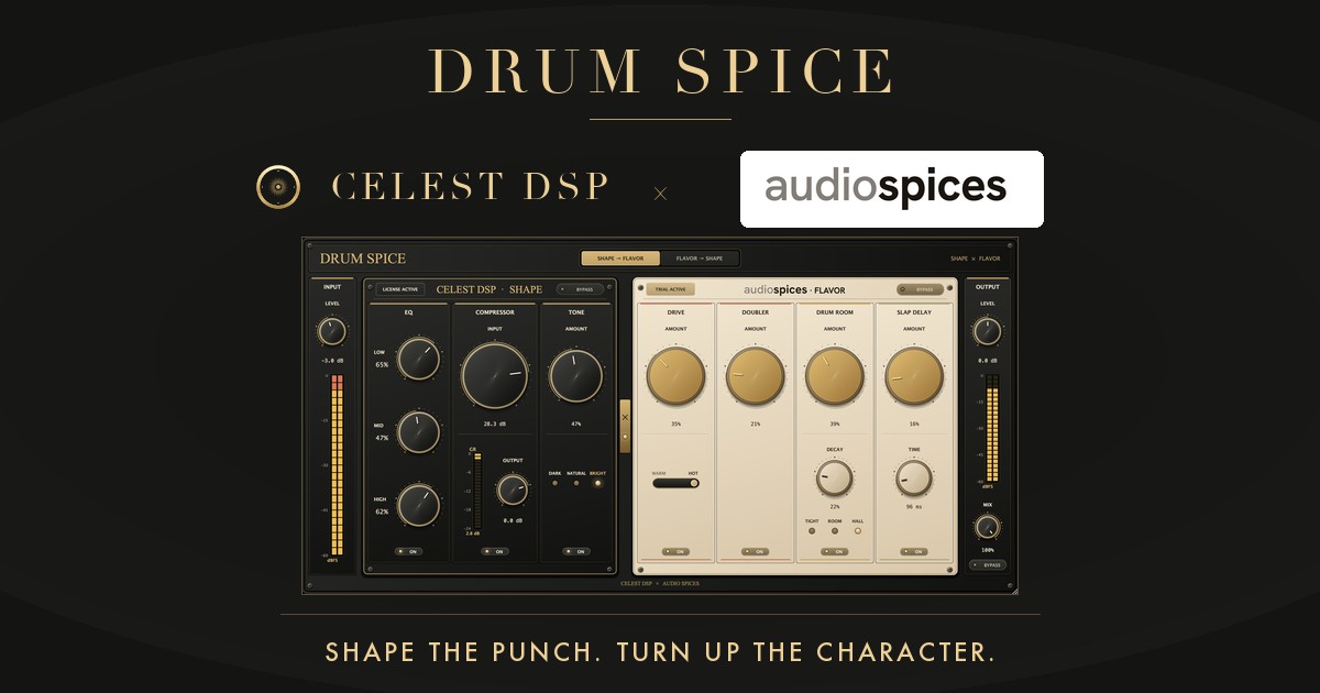 Drum SpiceのGUI画面。左がCELEST DSPのSHAPE（EQ・コンプ・トーン）、右がAudio SpicesのFLAVOR（ドライブ・ダブラー・ルーム・スラップディレイ）
