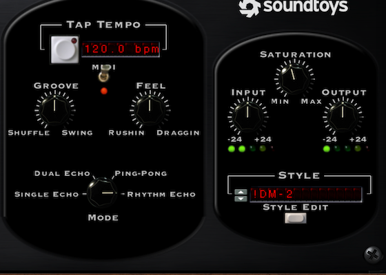 EchoBoyの右側。TAP TEMPO、GROOVE(SHUFFLE〜SWING)、FEEL(RUSHIN〜DRAGGIN)、4つのMODE、SATURATIONとSTYLEの選択(Soundtoys公式サイトの画像より)