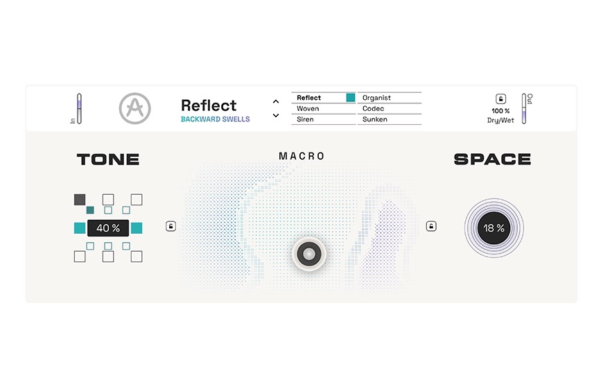 FX Collection 6で新しく入ったEfx AMBIENTの画面。TONEとSPACEとMACRO（Arturia公式の製品画像）