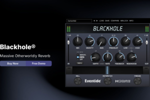 Eventide公式サイトのBlackholeのページ。Massive Otherworldly Reverb。GRAVITY・SIZE・KILL・HOTSWITCH・FREEZEなどが並ぶ画面