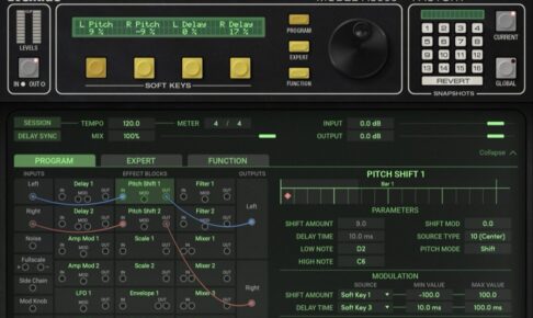 H3000 Factory Mk II の拡張表示。Delay・Pitch Shift・Filter・LFOなどのブロックを線でつないで音を作る画面（Eventide公式）