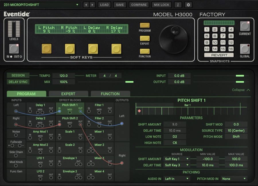 H3000 Factory Mk II の拡張表示。Delay・Pitch Shift・Filter・LFOなどのブロックを線でつないで音を作る画面（Eventide公式）