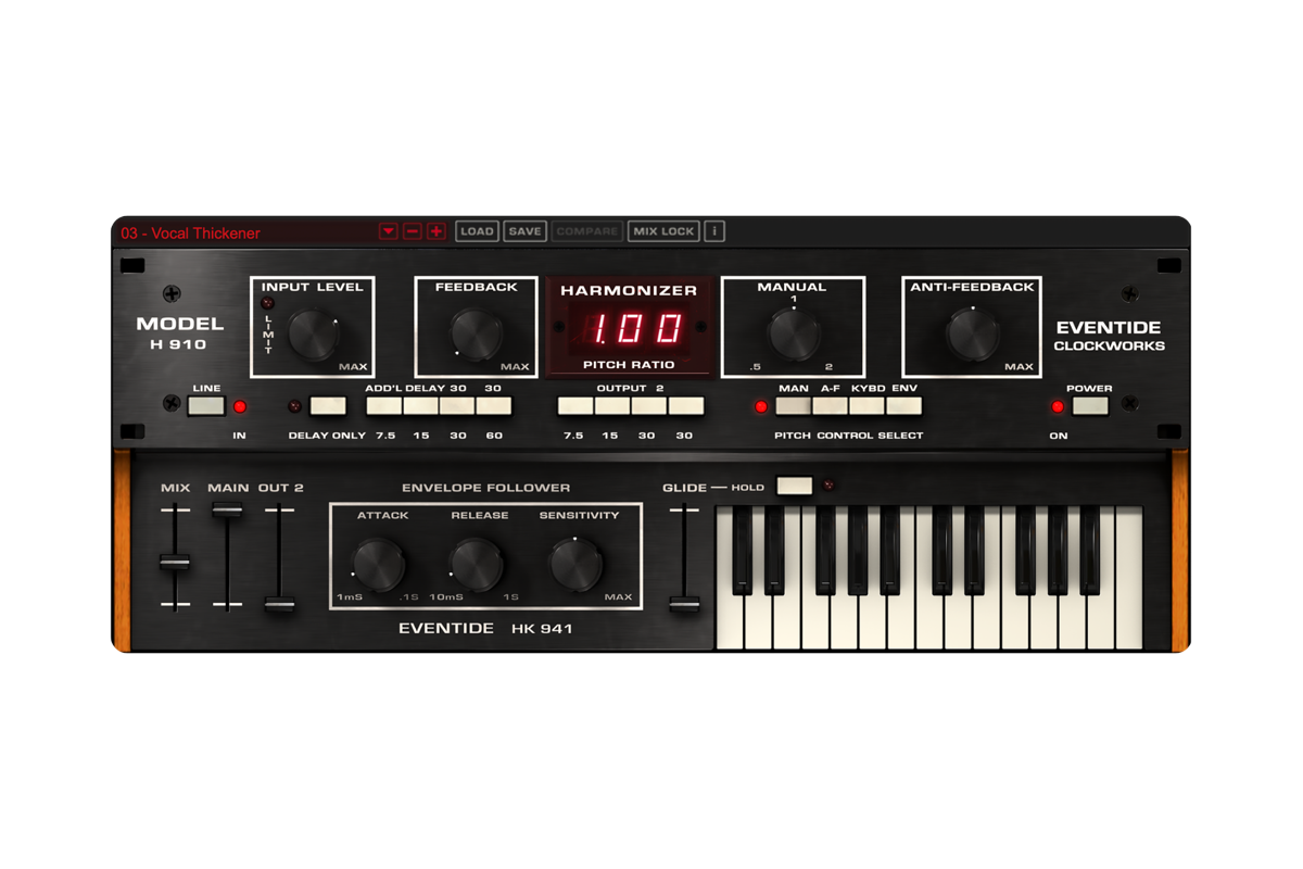 H910 Harmonizer プラグインの画面。プリセット「Vocal Thickener」で PITCH RATIO 1.00、下に鍵盤とエンベロープフォロワー（Eventide 公式）