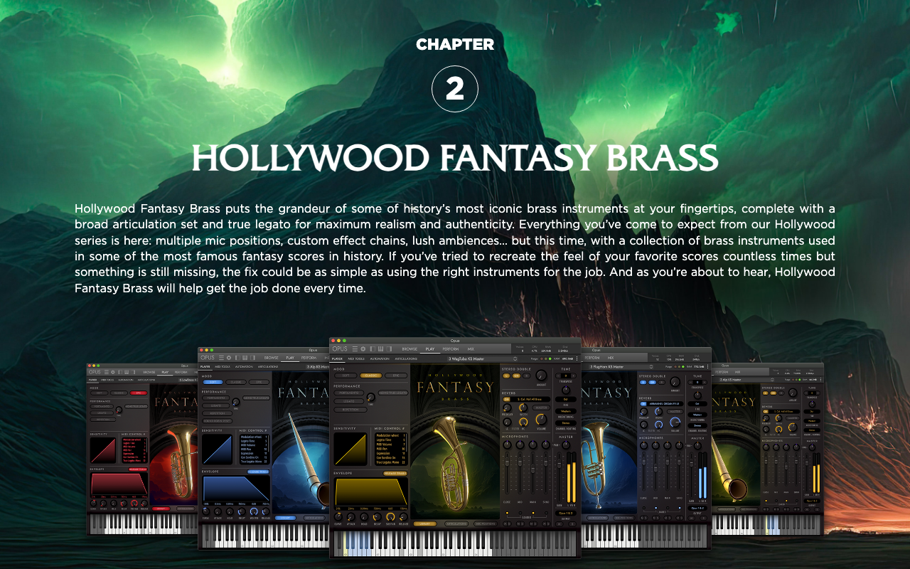 EastWest公式サイトのHollywood Fantasy Brassの節。ワーグナー・チューバやフリューゲルホルンなどの説明と、Opusの演奏画面(EastWest公式サイトより)