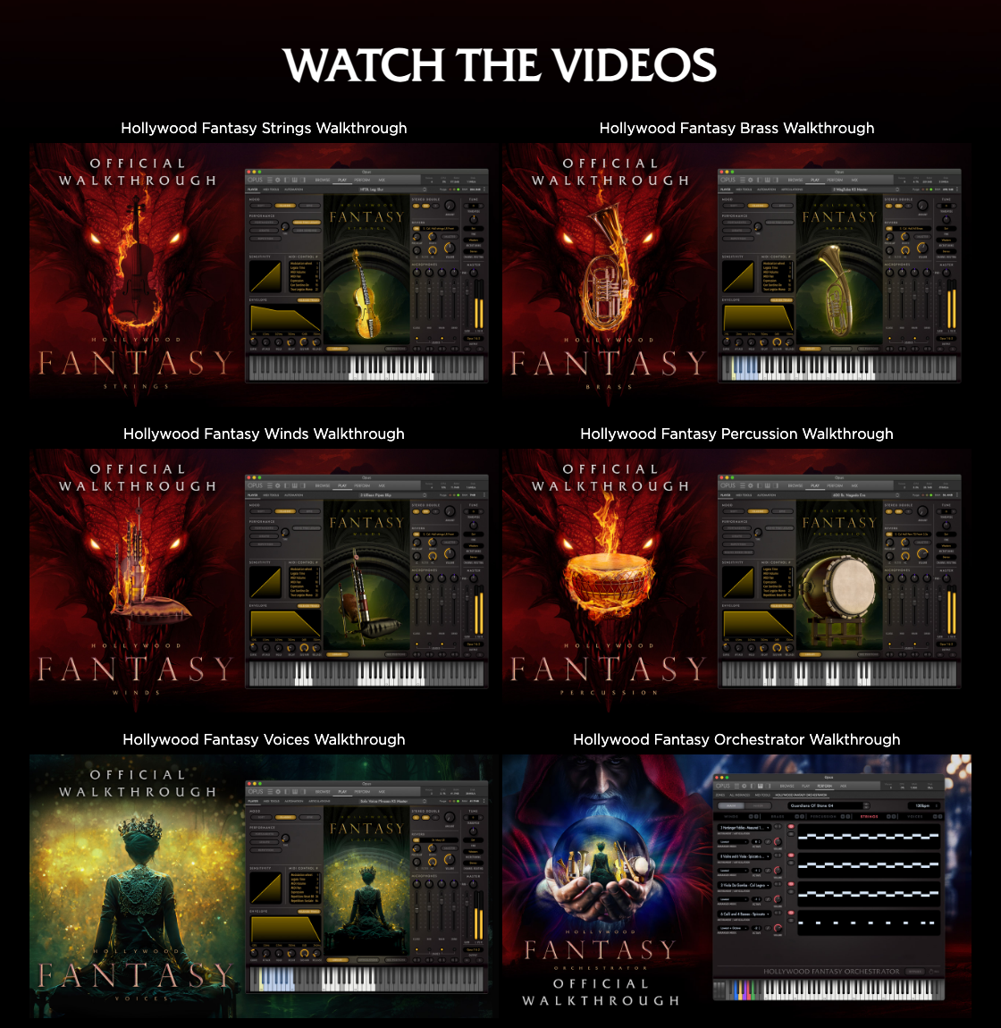 EastWest公式サイトのWATCH THE VIDEOSの節。Hollywood Fantasy OrchestraのStrings・Brass・Winds・Percussion・Voices・Orchestratorの6つの解説動画のサムネイル(EastWest公式サイトより)