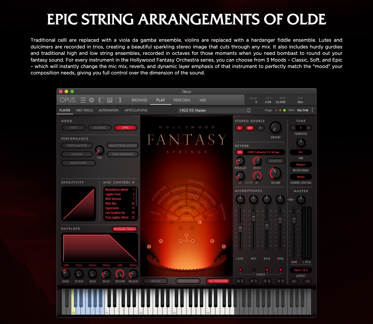 EastWest公式サイトのHollywood Fantasy Stringsの節。ヴィオラ・ダ・ガンバやハーディングフェーレの説明と、Opusの演奏画面(EastWest公式サイトより)