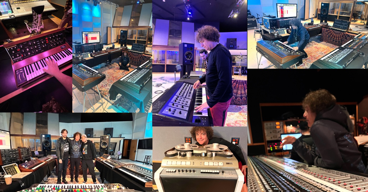 ICONICの収録の様子。スタジオでMinimoogやOberheim、テープレコーダーなどを録音している（EastWest公式）