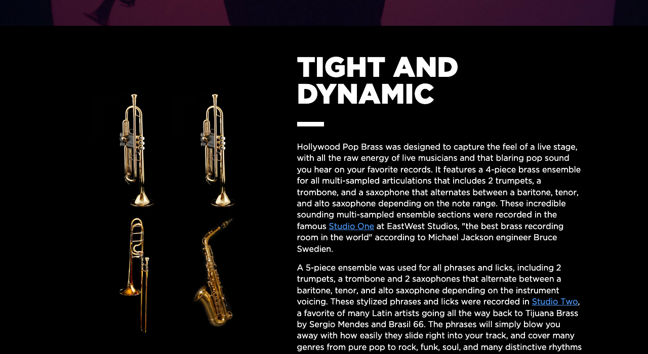 EastWest公式サイトのTIGHT AND DYNAMICの節。トランペット2本・トロンボーン・サックスの写真と、4人編成と5人編成の説明(EastWest公式サイトより)