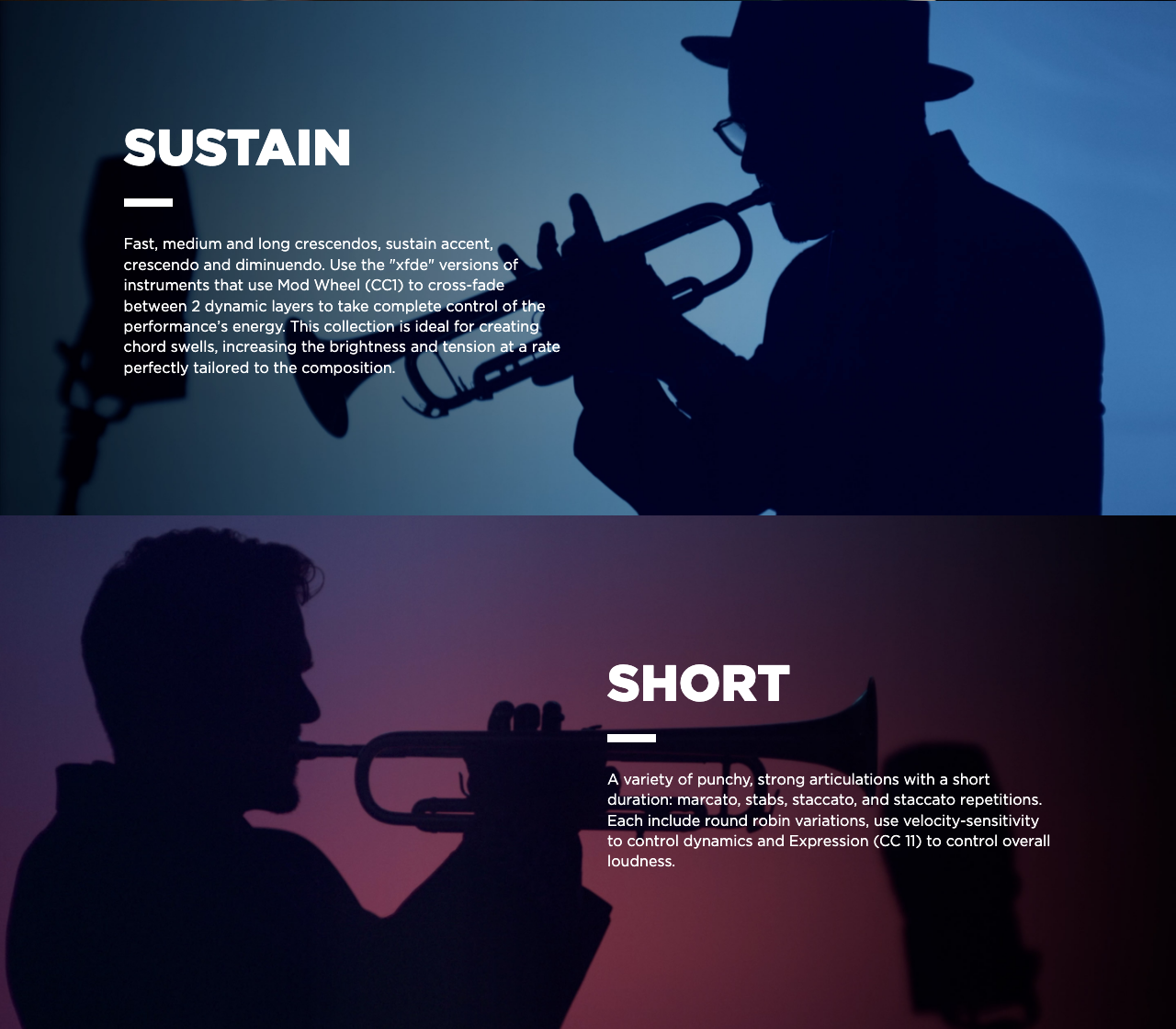 EastWest公式サイトのSUSTAINとSHORTの節。クレッシェンドなどの伸ばす音と、マルカート・スタブ・スタッカートなどの短い音の説明(EastWest公式サイトより)