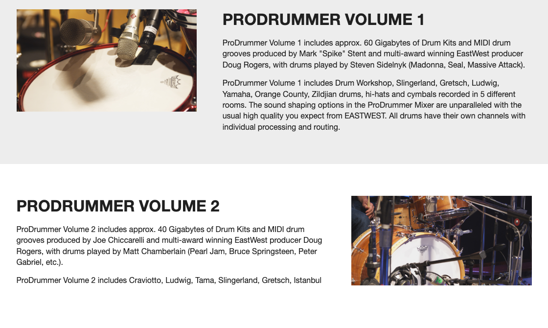 EastWest 公式サイトの ProDrummer Volume 1 と Volume 2 の説明。録音したプロデューサーとドラマー、使ったドラムのメーカーが違う
