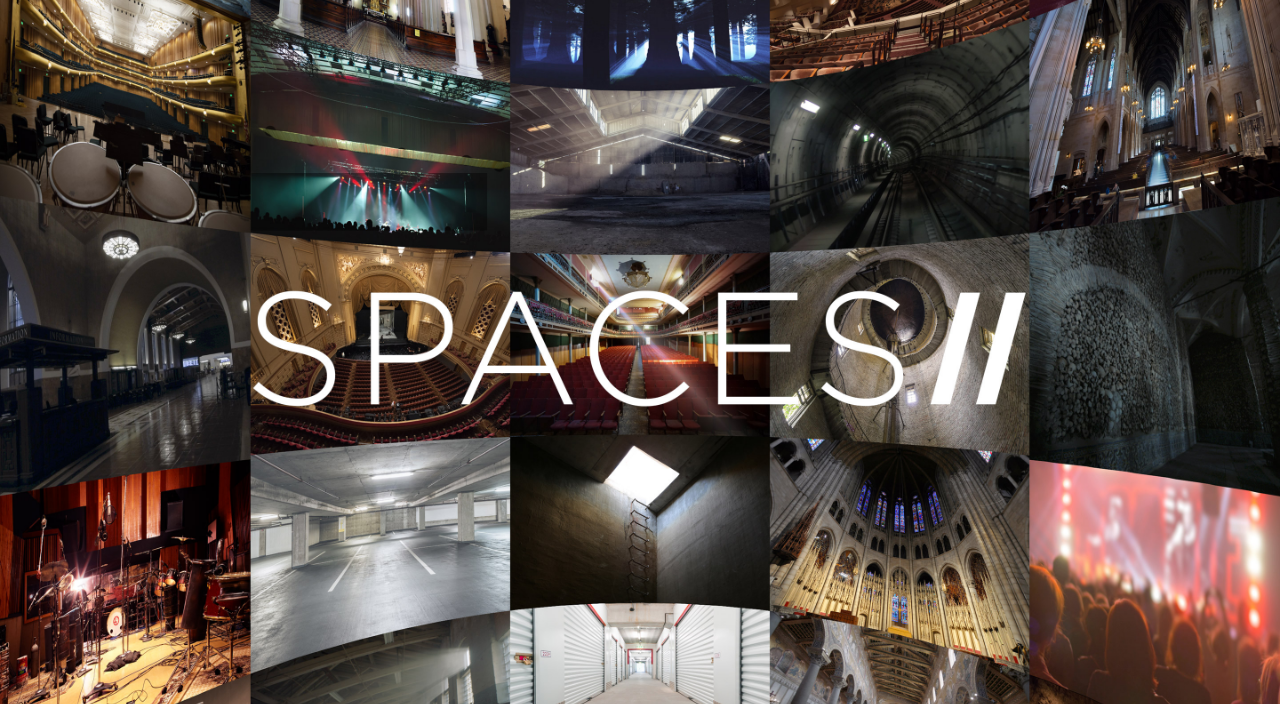 EastWest 公式の Spaces II のページ。響きを録ったホール・教会・劇場・地下鉄のトンネル・駐車場・倉庫などの写真が並ぶ