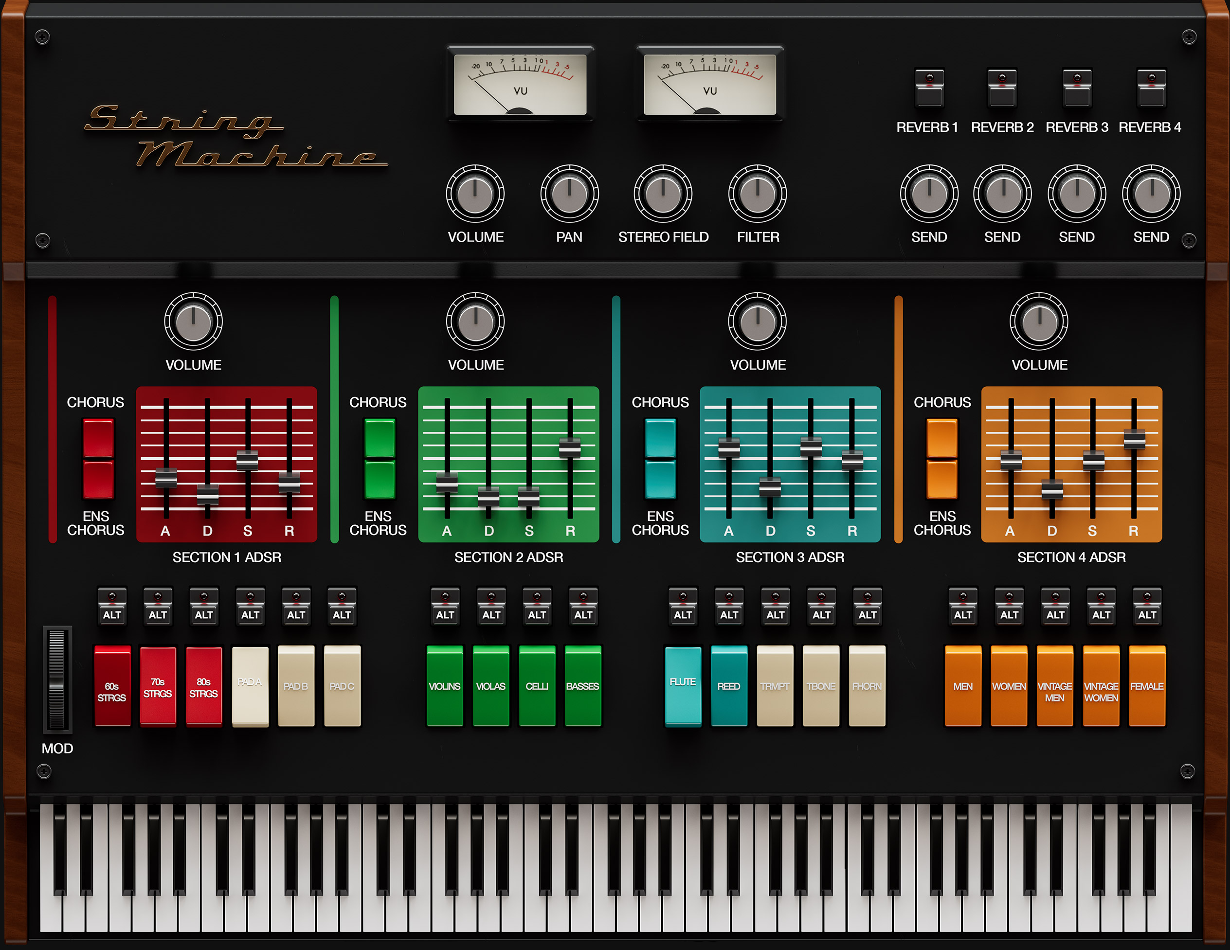EastWest String Machine の画面。上に音量・パン・リバーブ、下に色分けされた4つのセクションと楽器のスイッチが並ぶ（EastWest 公式の画像）