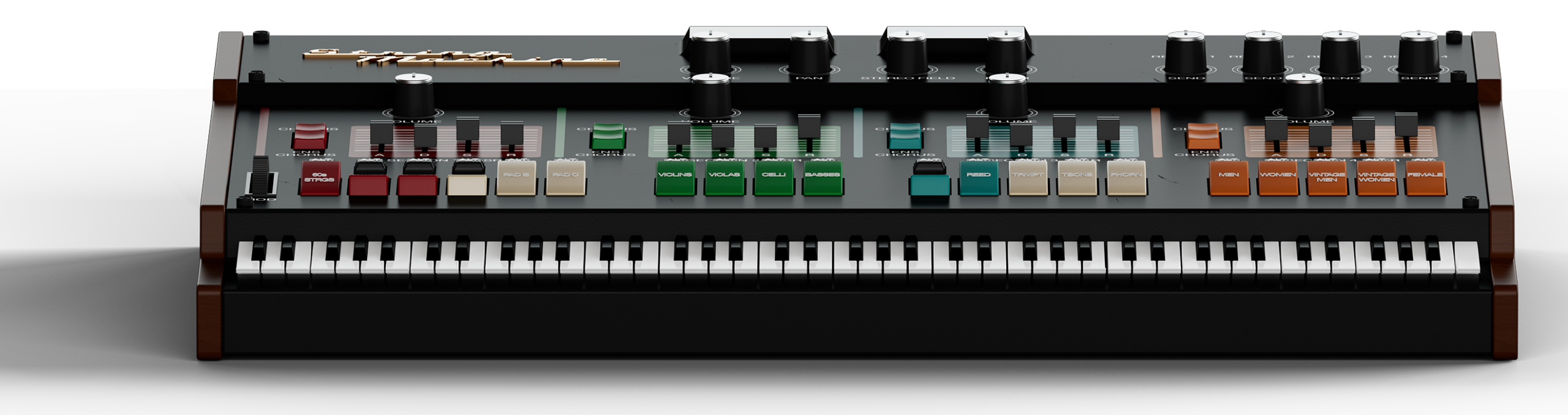 String Machine を正面から見たところ。昔のストリングスマシンのような木の側板と鍵盤のデザイン（EastWest 公式の画像）
