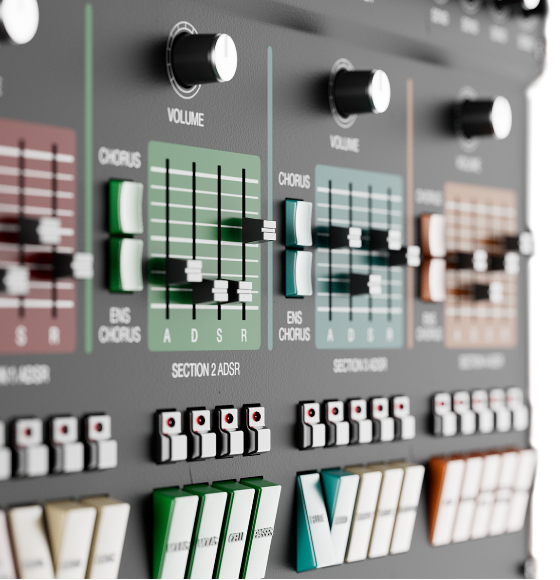 String Machine の各セクションにある CHORUS と ENS CHORUS のスイッチと ADSR のスライダー（EastWest 公式の画像）