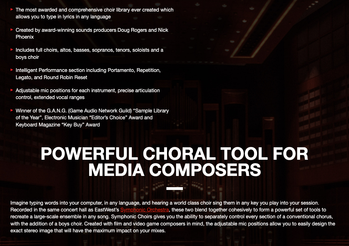 EastWest 公式サイトの Symphonic Choirs の特徴。歌詞を入力して歌わせられる・フルコーラスから少年合唱まで・マイク位置の調整など