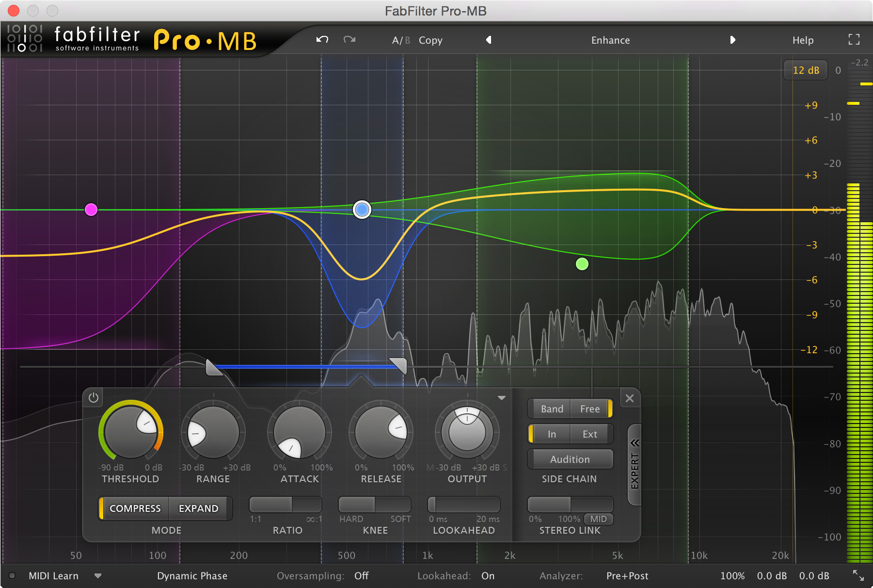 FabFilter Pro-MB の画面。スペクトラムの上に、色分けされたバンドが必要な帯域にだけ置かれている（FabFilter 公式）