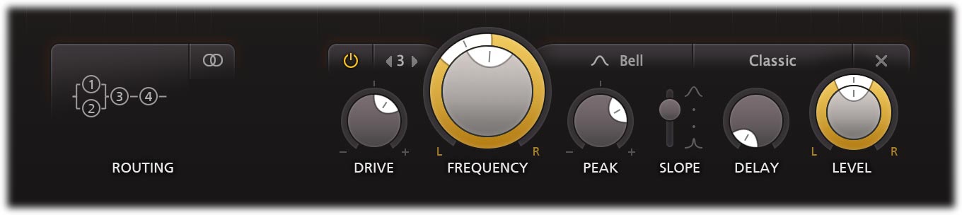 Volcano 3 のフィルターの操作部。左にフィルターのつなぎ方（Routing）、右に Drive・Frequency・Peak・Slope・Delay・Level（FabFilter 公式マニュアル）