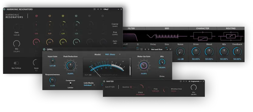 UVI Falcon のエフェクトの画面。Harmonic Resonators・コンプレッサーの OPAL・BBD のディレイ・Shifter（UVI 公式の画像）