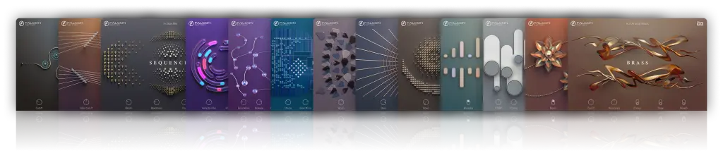 UVI Falcon の音色ごとの画面が横に並んだ画像。Sequence・Brass などの画面（UVI 公式の画像）